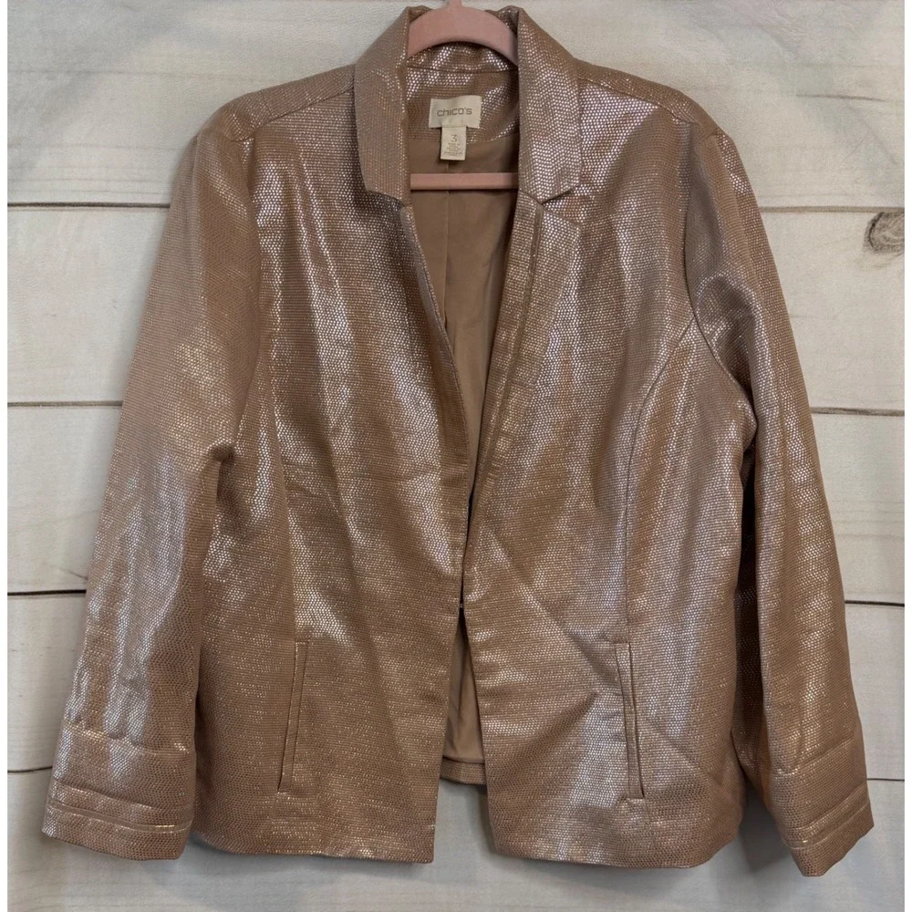 Chico's Rose Gold Metallic Textured Open Front Blazer‎ Jacket Womens Size 3 XL